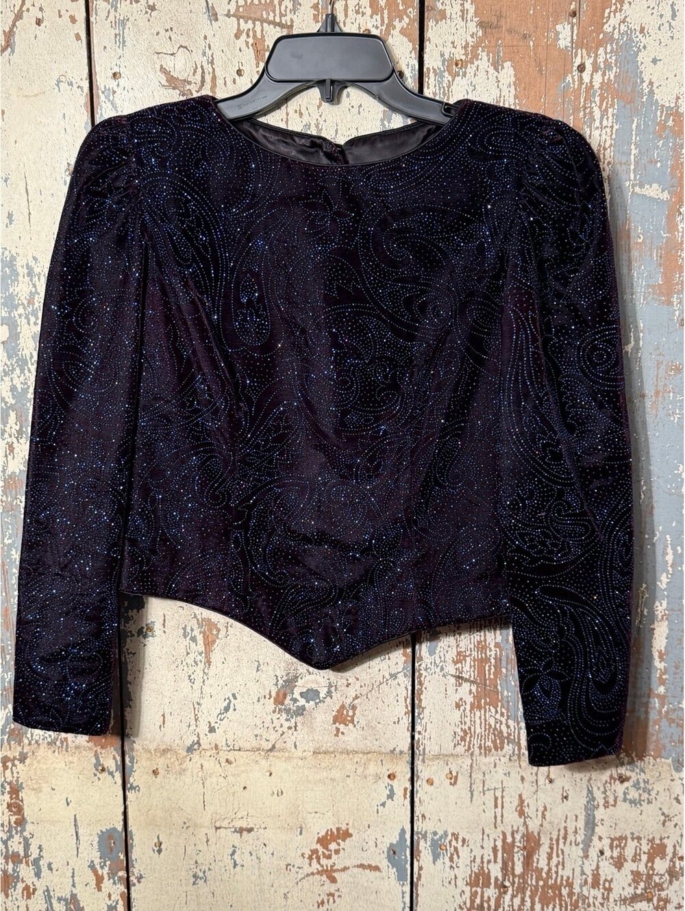 Vintage Warren Petites Black Velvet Evening Top Sparkly Paisley Pattern Small